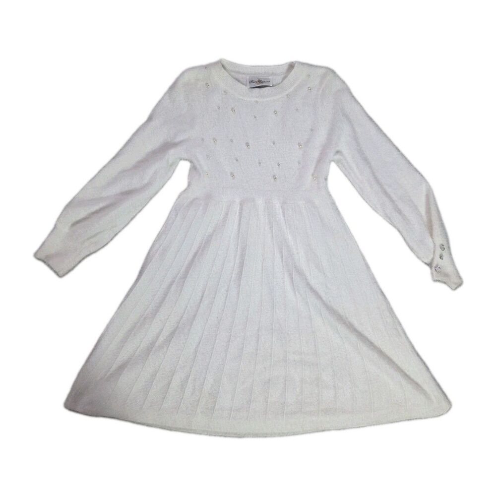 Rare Editions Ivory Pearl Embellished Fuzzy Pleated Sweater Dress Girls 10 EUC